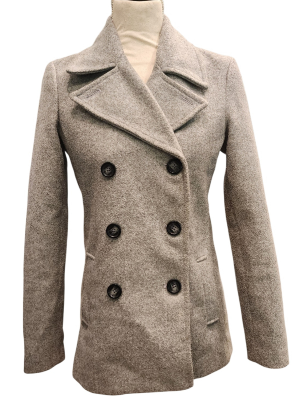 Old Navy XS Heather Grey Wool Blend Double Breasted Peacoat Jacket Belted Back